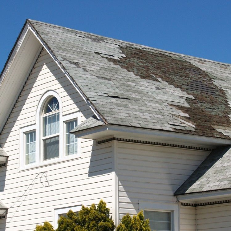 White house roof with peeling gray shingles and a patch of moss under a blue sky