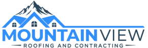 Mountain View Roofing and Contracting logo with blue mountain and house roofs text