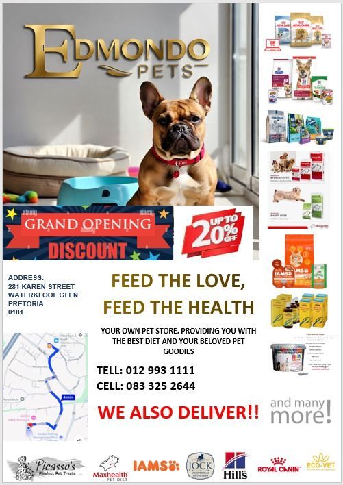 Edmondo Pets grand opening flyer with French bulldog, sale prices, product images, and delivery details
