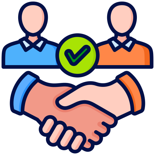 A handshake between two people with a check mark in the middle.