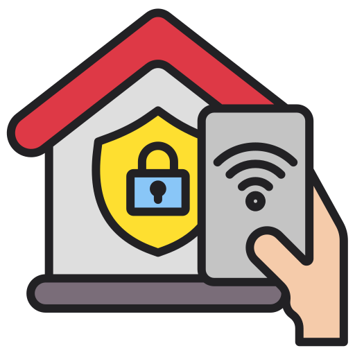 A hand is holding a remote control in front of a house with a padlock on it.