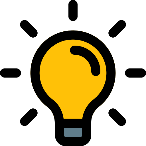 A yellow light bulb with rays coming out of it.