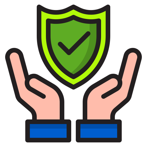 A pair of hands holding a green shield with a check mark on it.