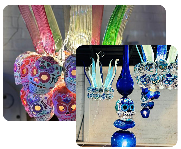 A collage of pictures shows a bunch of glass sculptures
