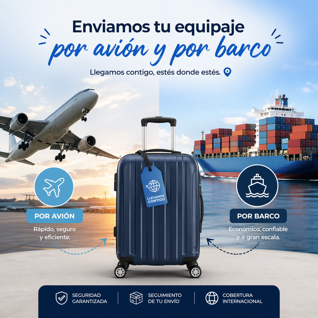 Promoción del envío de equipaje por avión y barco, con una maleta azul, un avión y un carguero al fondo.