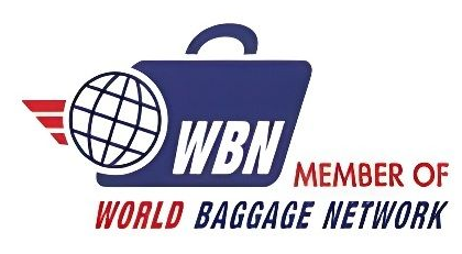 Logotipo de WBN World Baggage Network con un globo terráqueo, un icono de maleta y el texto «Member of» en rojo