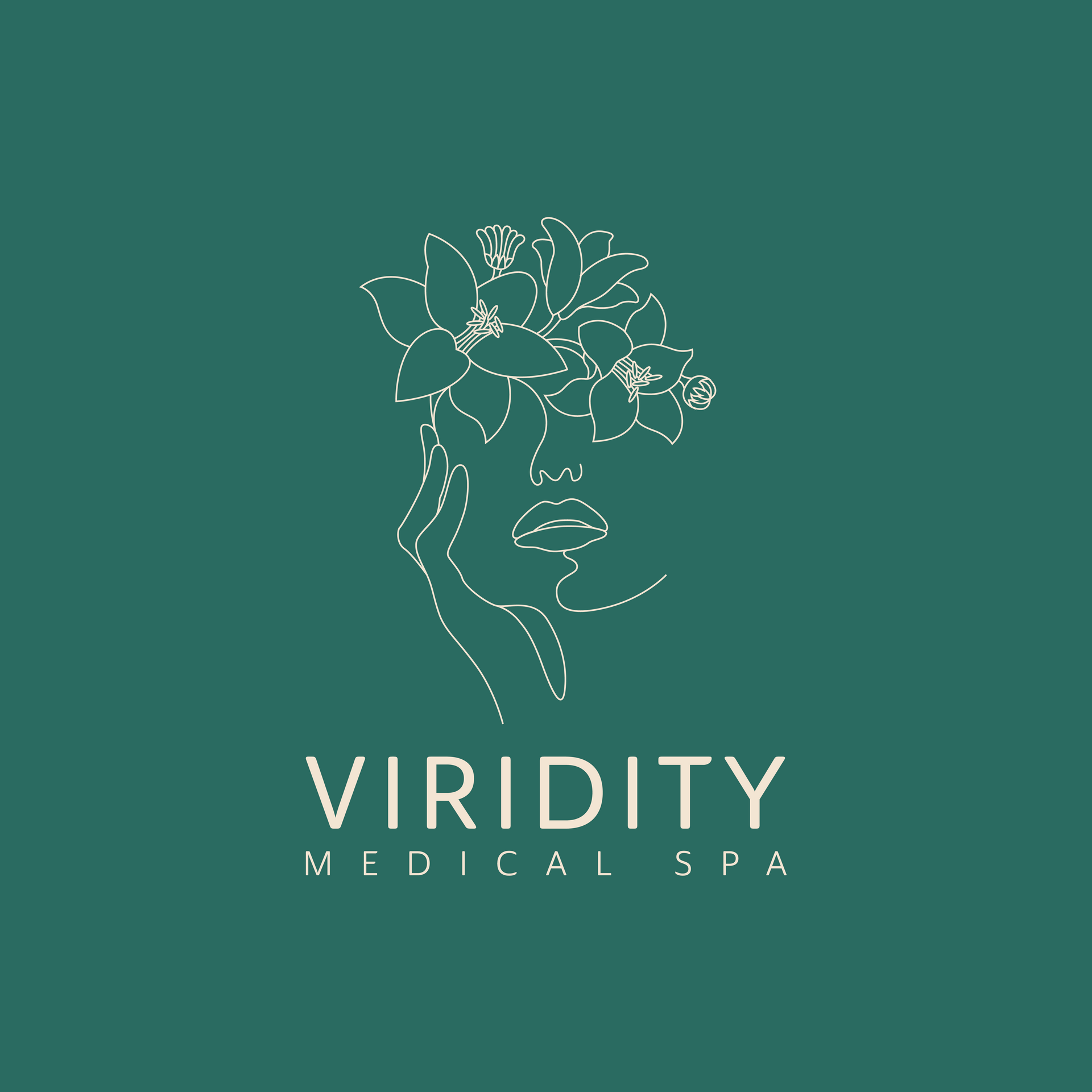 A black and white logo for viridity medical spa with a woman 's face and flowers.