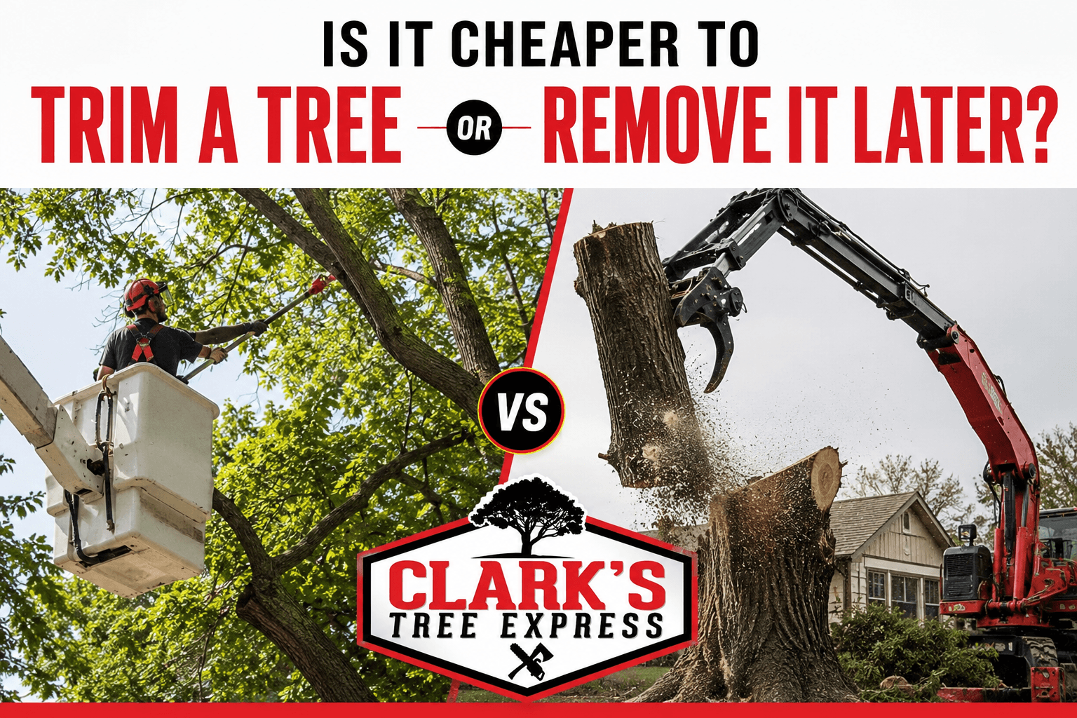 Ad promoting tree trimming vs removal, showing a split tree-cutting scene with Clark’s Tree Express logo and headline text