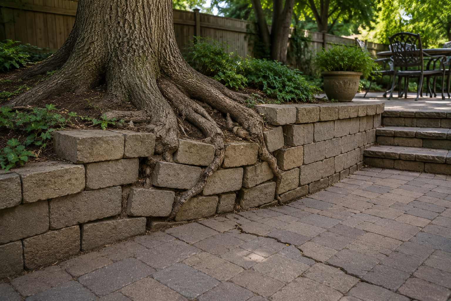 Tree roots lifting a low stone retaining wall beside a brick patio and steps in a garden