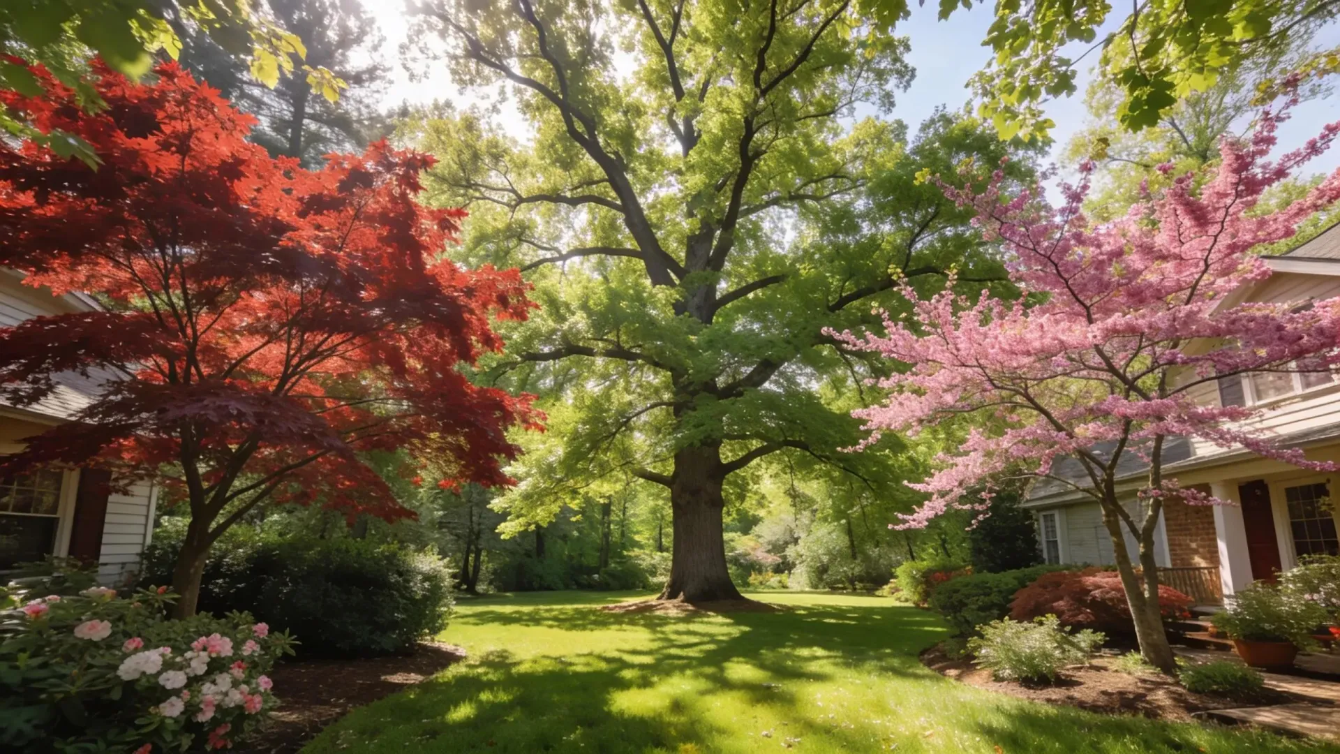 Sunlit garden with red and pink flowering trees and a large green tree over a grassy lawn
