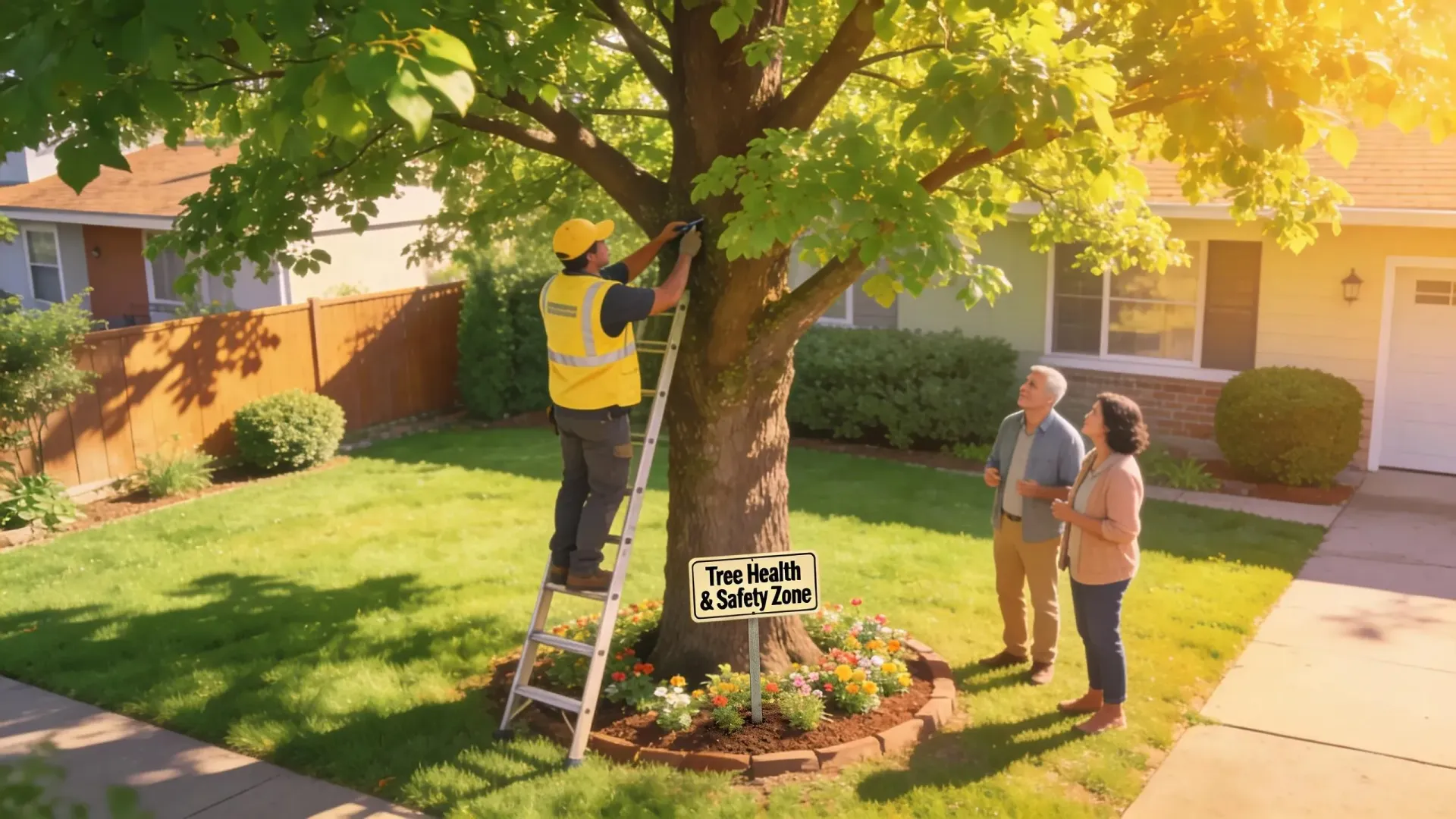 Worker trimming a tree in a sunny suburban yard while two people watch nearby