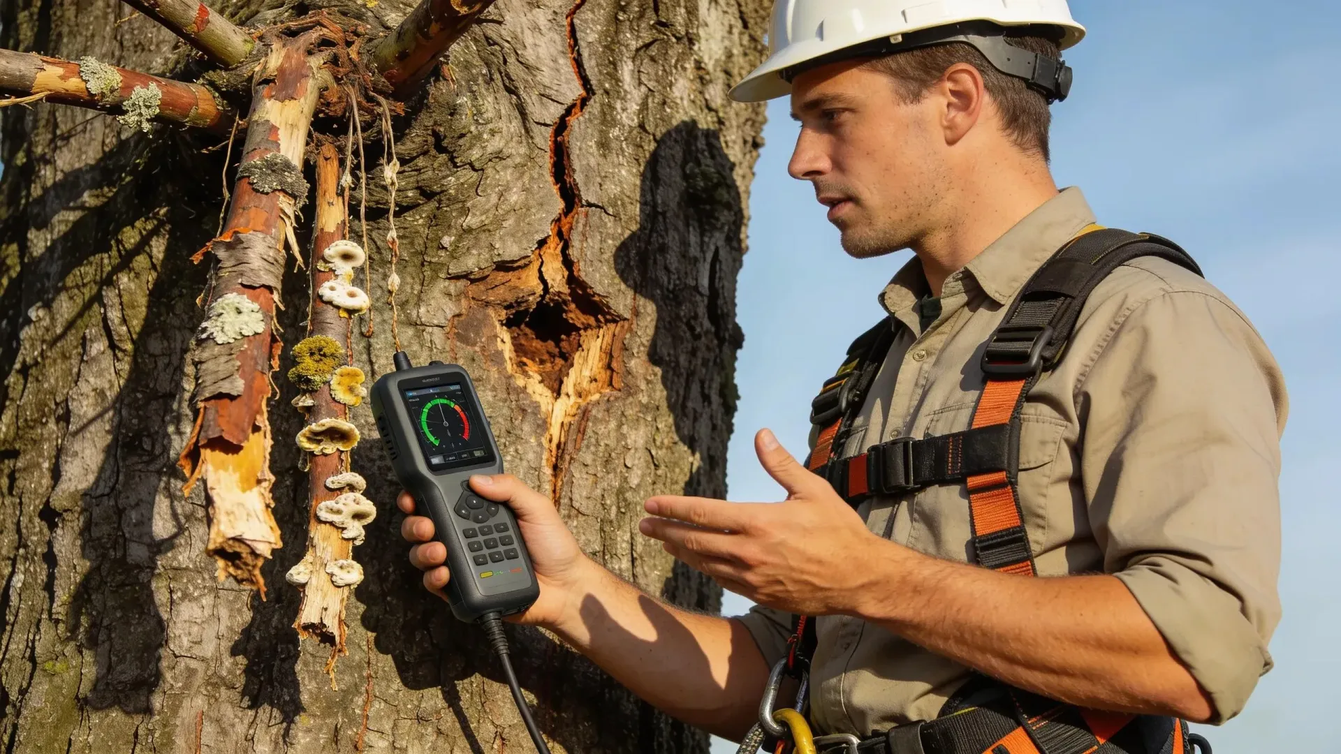 Worker in hard hat using a handheld device to inspect a tree trunk outdoors