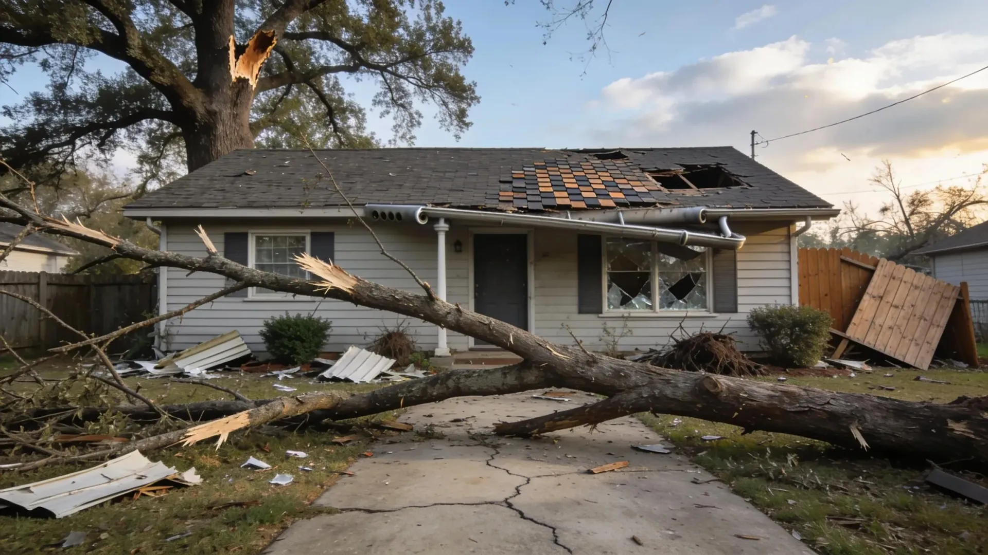 House with damaged roof and fallen tree blocking the front walkway after a storm
