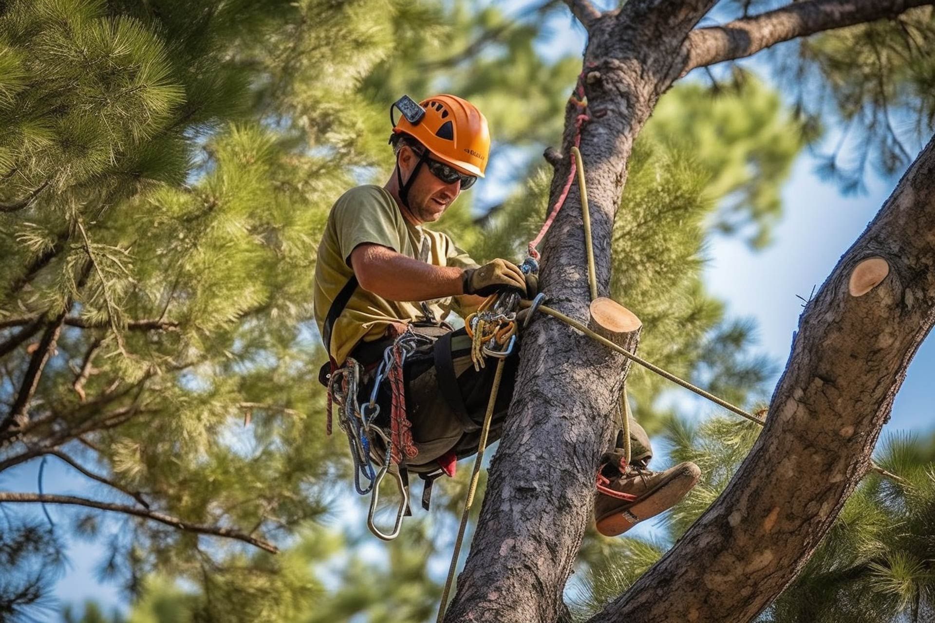 Arborist in an orange helmet, trimming tree branches while secured with ropes and harness.