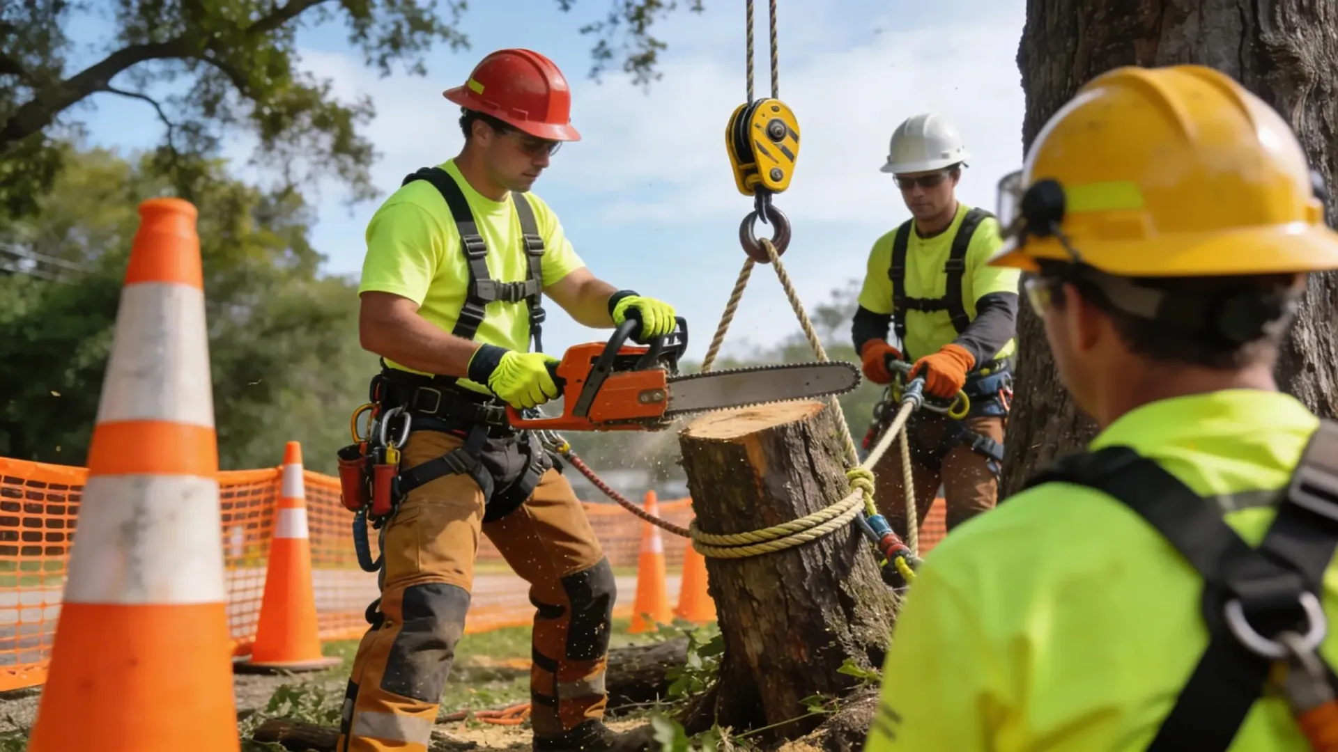 Construction workers in hard hats lifting a tree stump with a crane near traffic cones