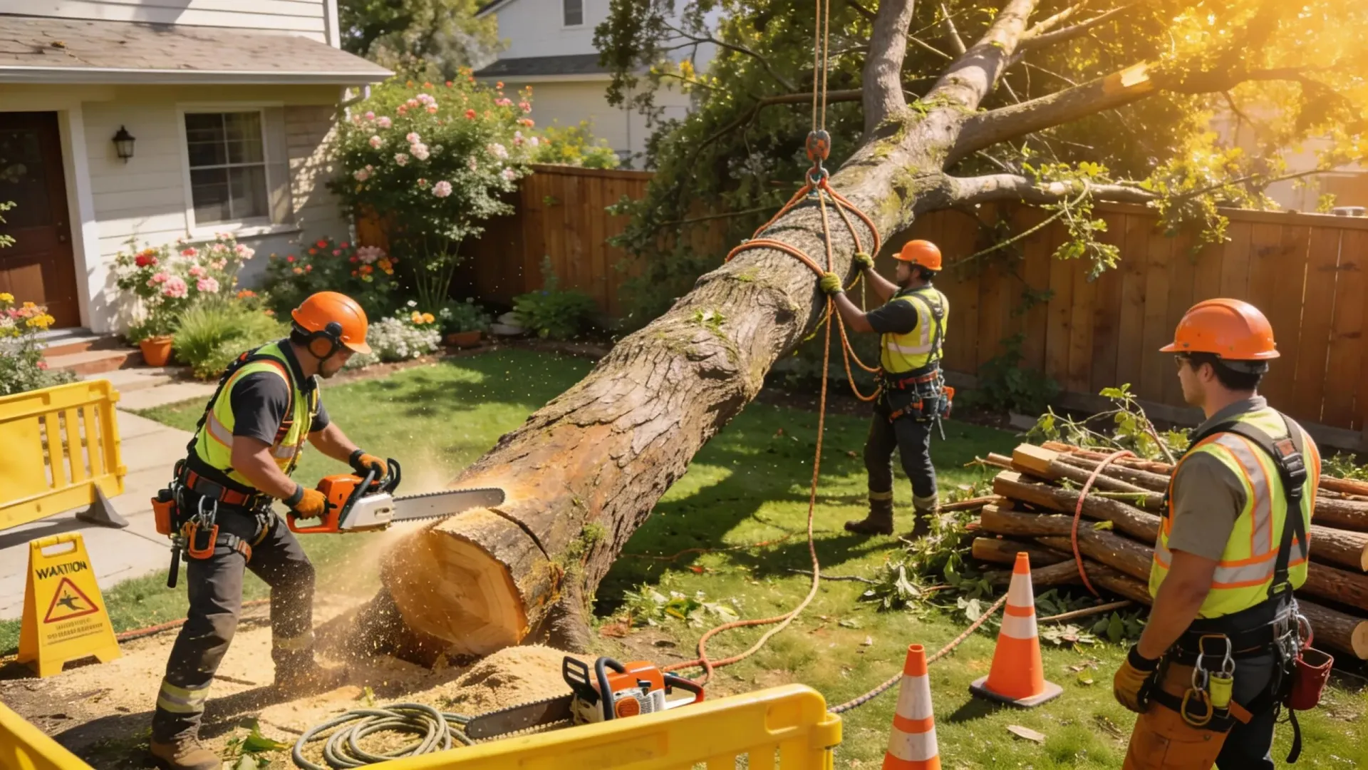 Tree crew in hard hats removing a fallen tree from a suburban yard, with cones and saws nearby