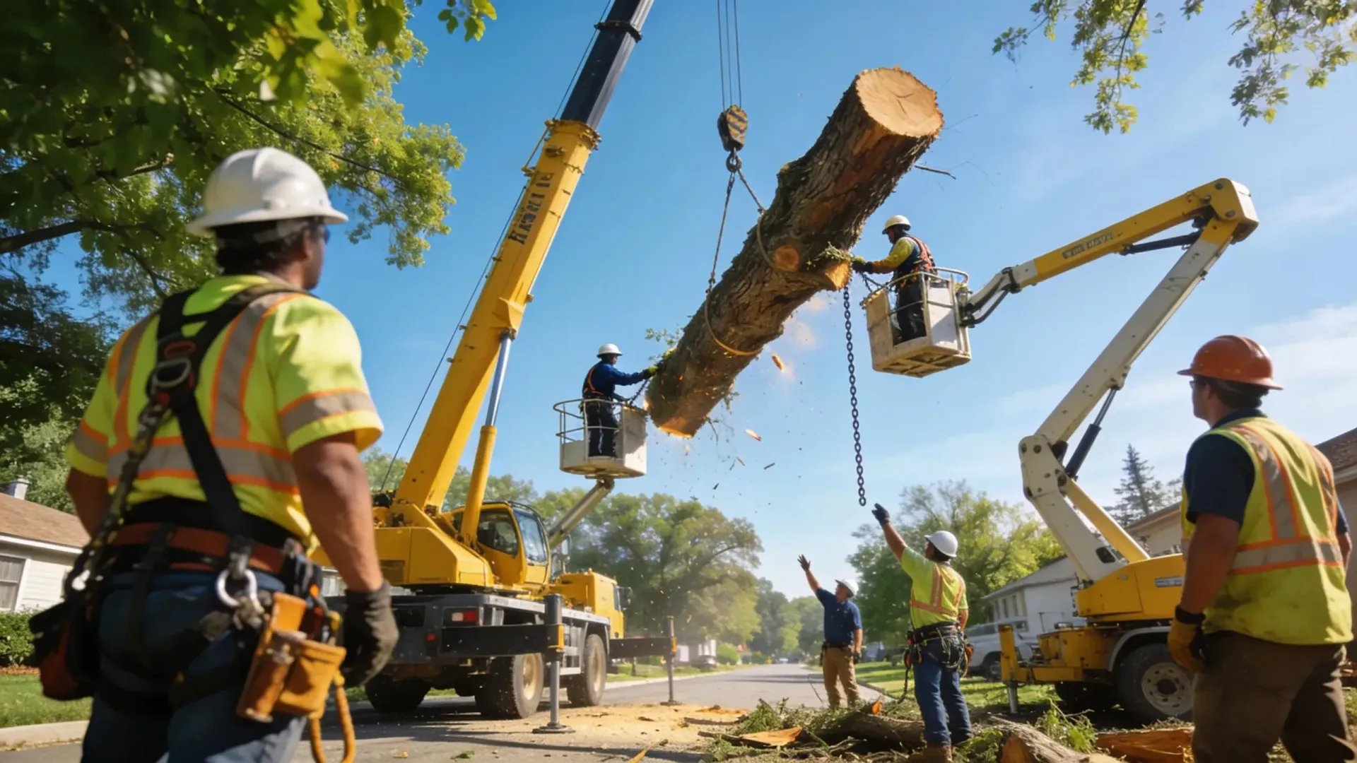 Tree removal team utilizing crane services showcasing safety and efficiency