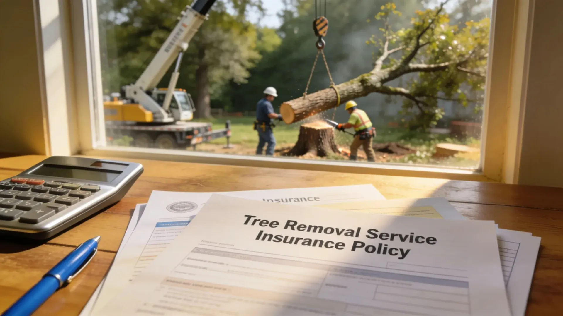 Tree removal insurance policy paperwork on desk, with workers cutting a large tree outside a window.
