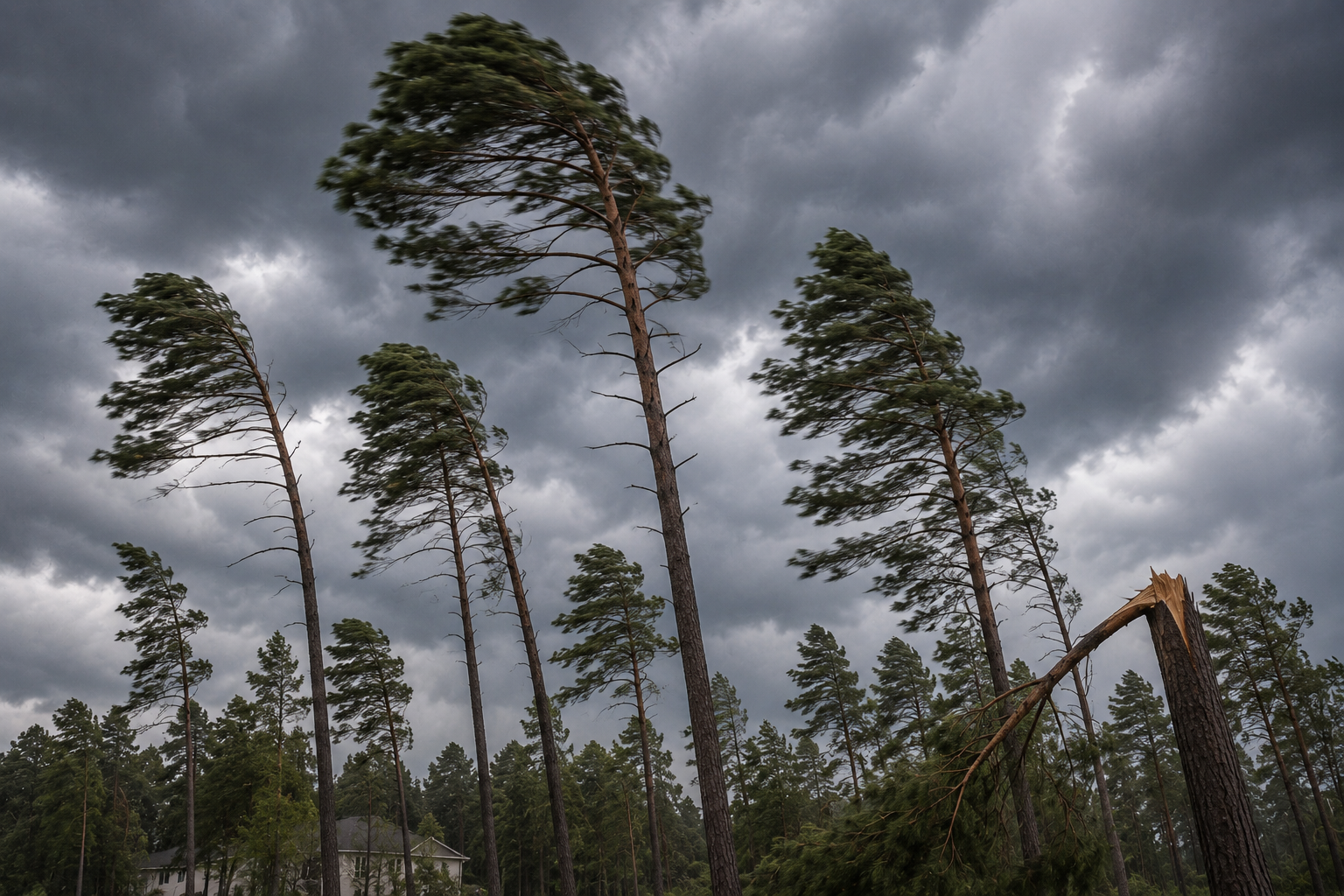 Wind-bent pine trees under a dark, stormy sky in a forested landscape