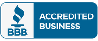 A blue and white sign that says accredited business.