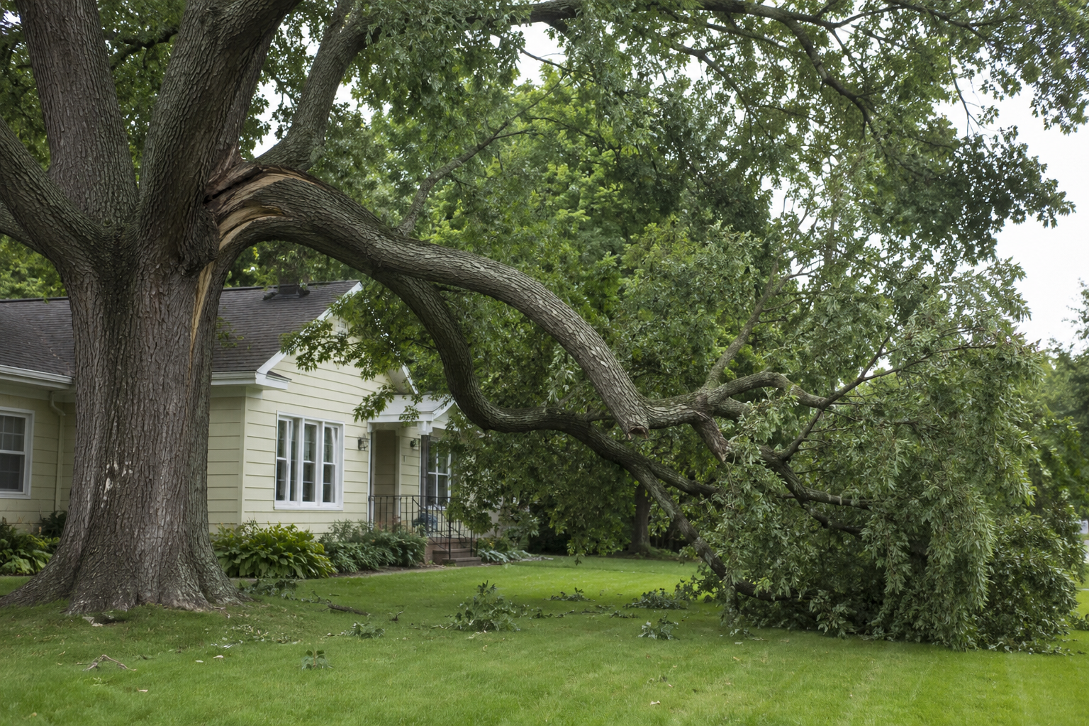 Large tree with a fallen branch leaning over a suburban house and lawn after storm damage