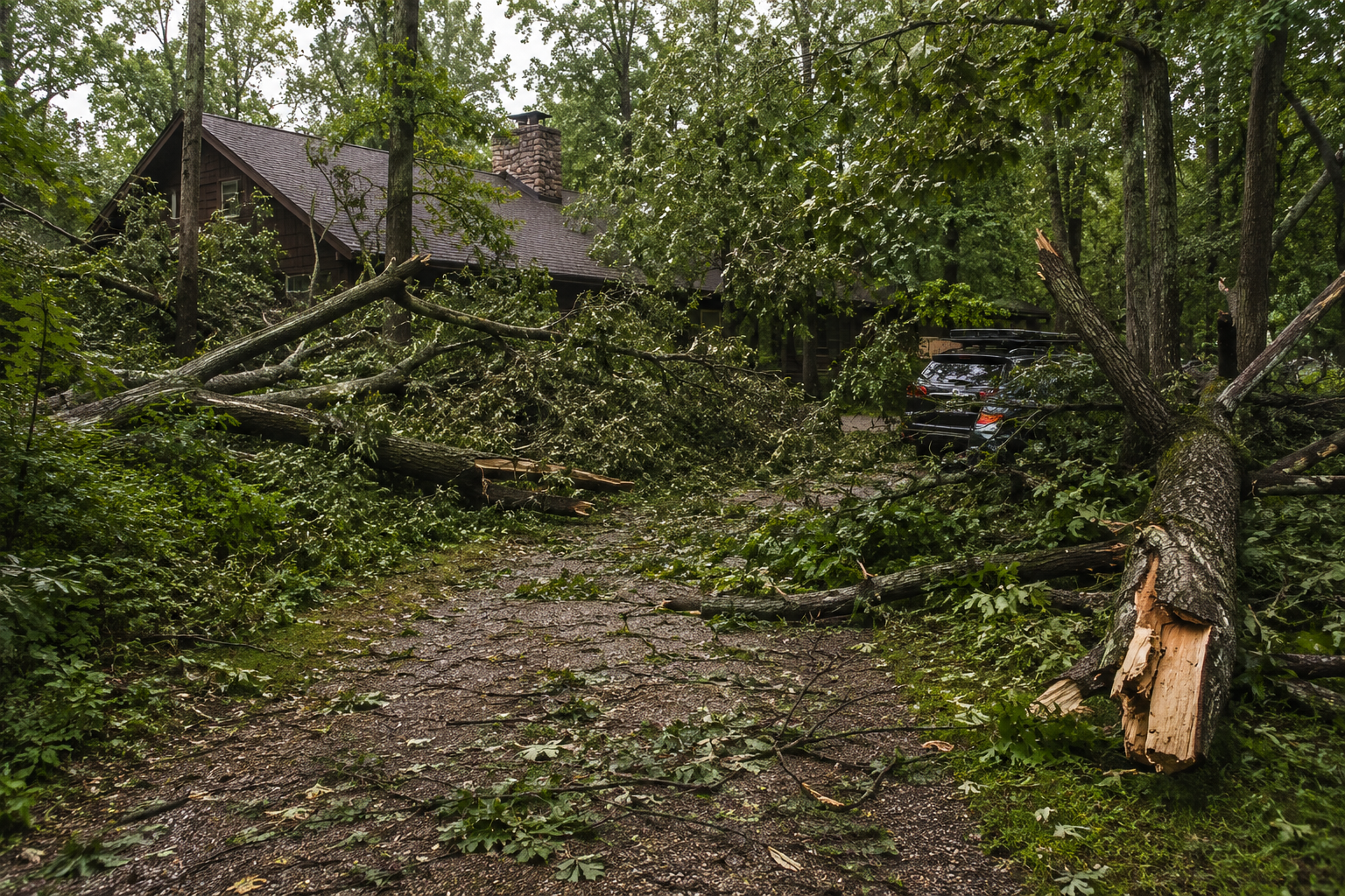 Dirt path through dense greenery leading to a house, with a broken tree trunk in the foreground