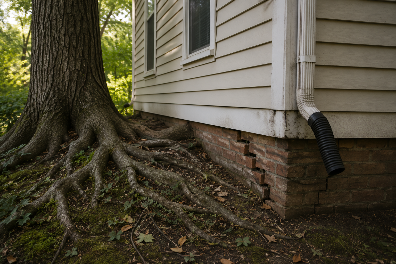 Large tree roots pushing up soil beside a house with beige siding and a brick foundation, with a downspout nearby