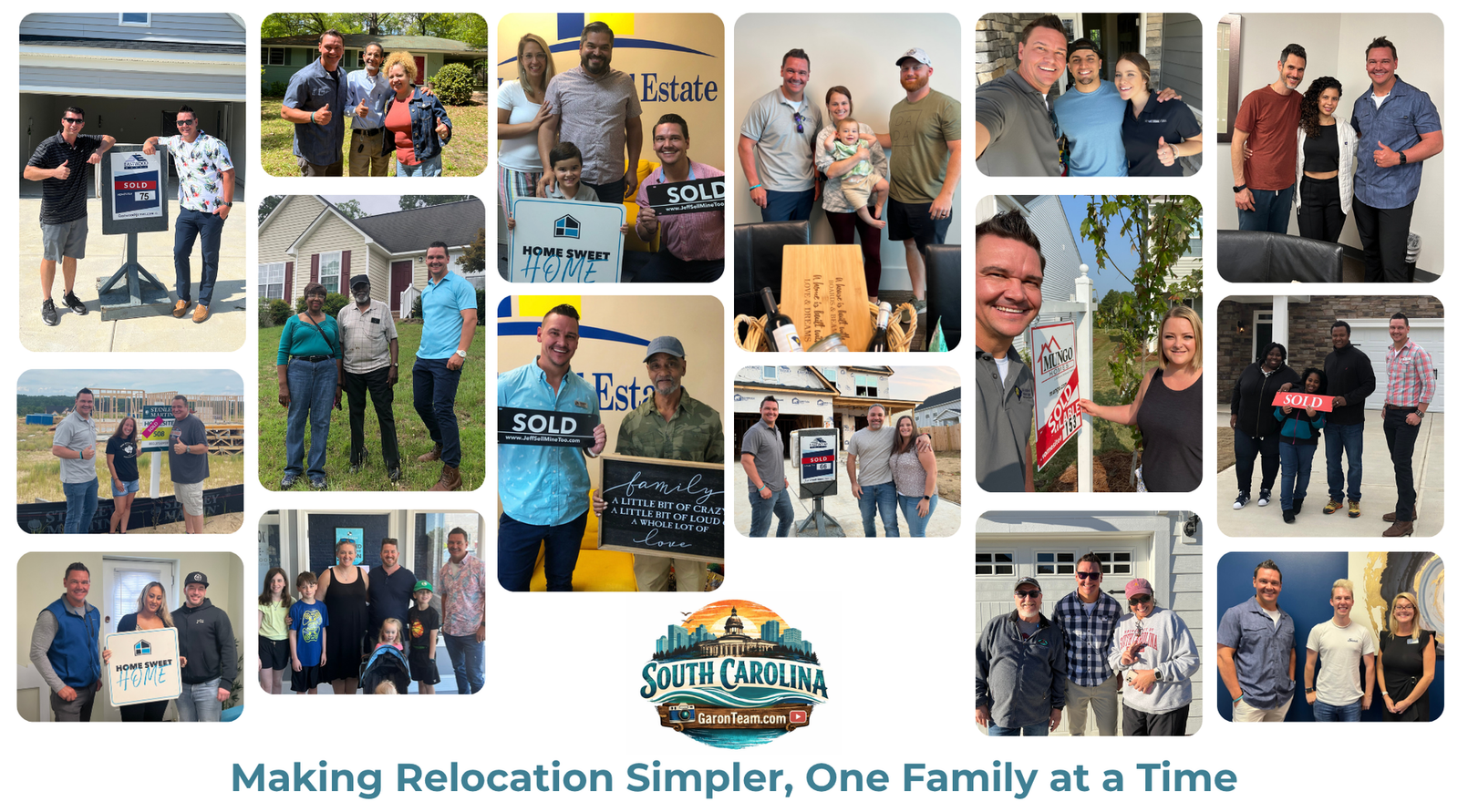 Collage of moving company customers and staff with a logo; tagline reads “Making Relocation Simpler, One Family at a Time”