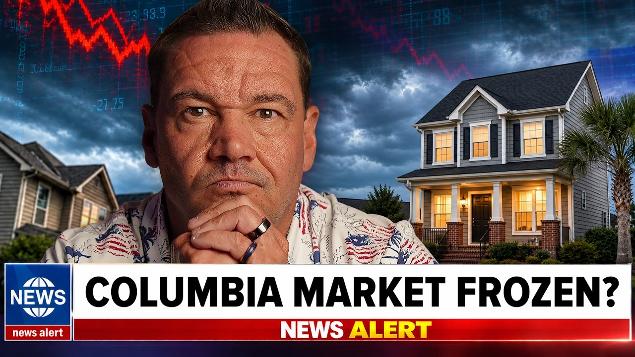 News graphic with man, red market decline chart, house, and headline “COLUMBIA MARKET FROZEN?”