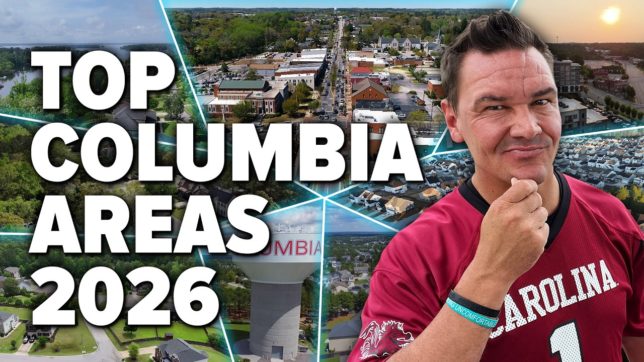 Thumbnail for “Top Columbia Areas 2026,” with a man in a Carolina shirt and city aerial background