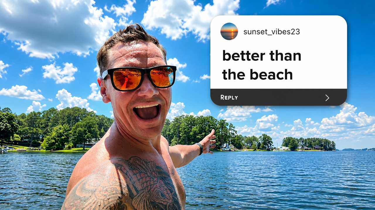 Smiling shirtless man in sunglasses pointing from a boat on a lake under a blue sky, with “better than the beach” text.
