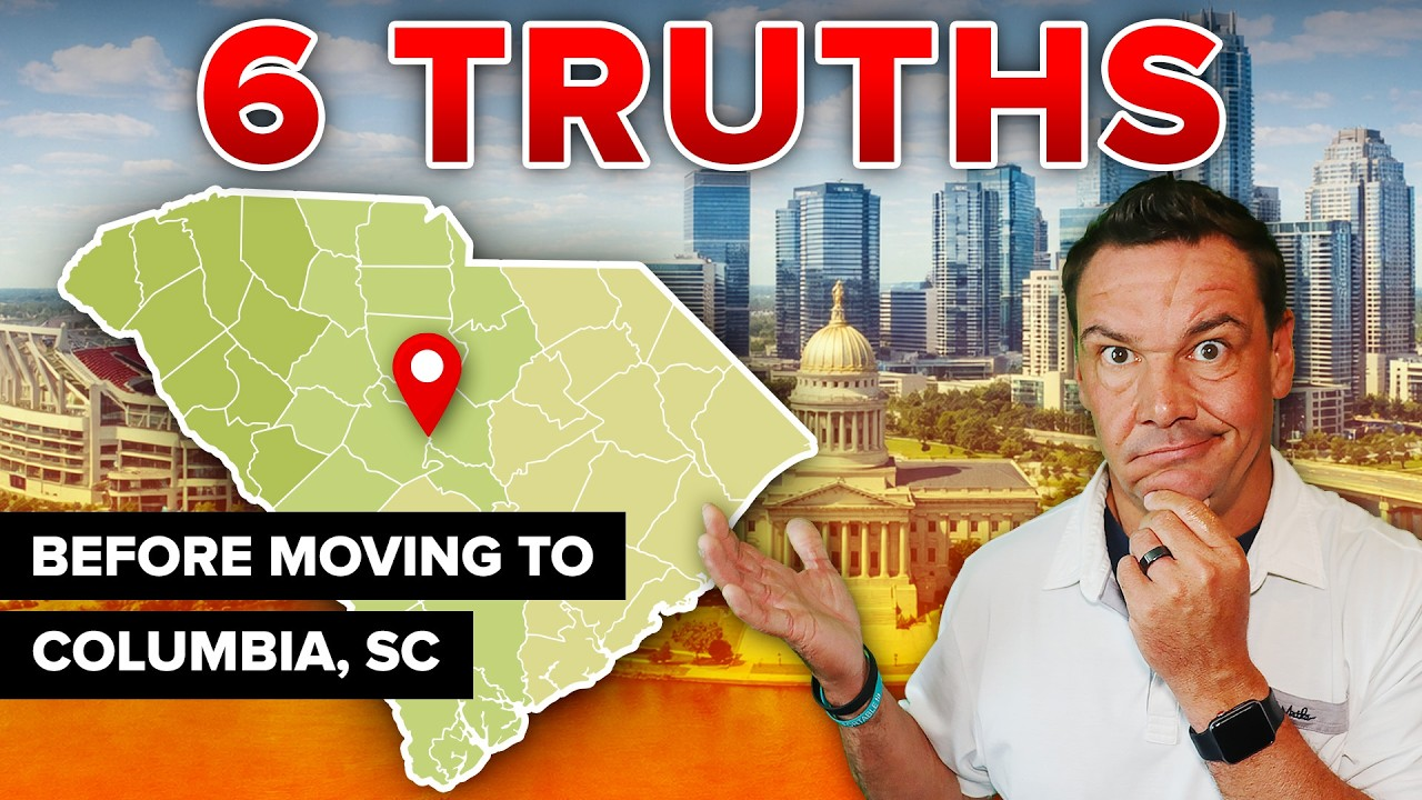 YouTube-style thumbnail with “6 TRUTHS” text, South Carolina map, and a man beside Columbia skyline