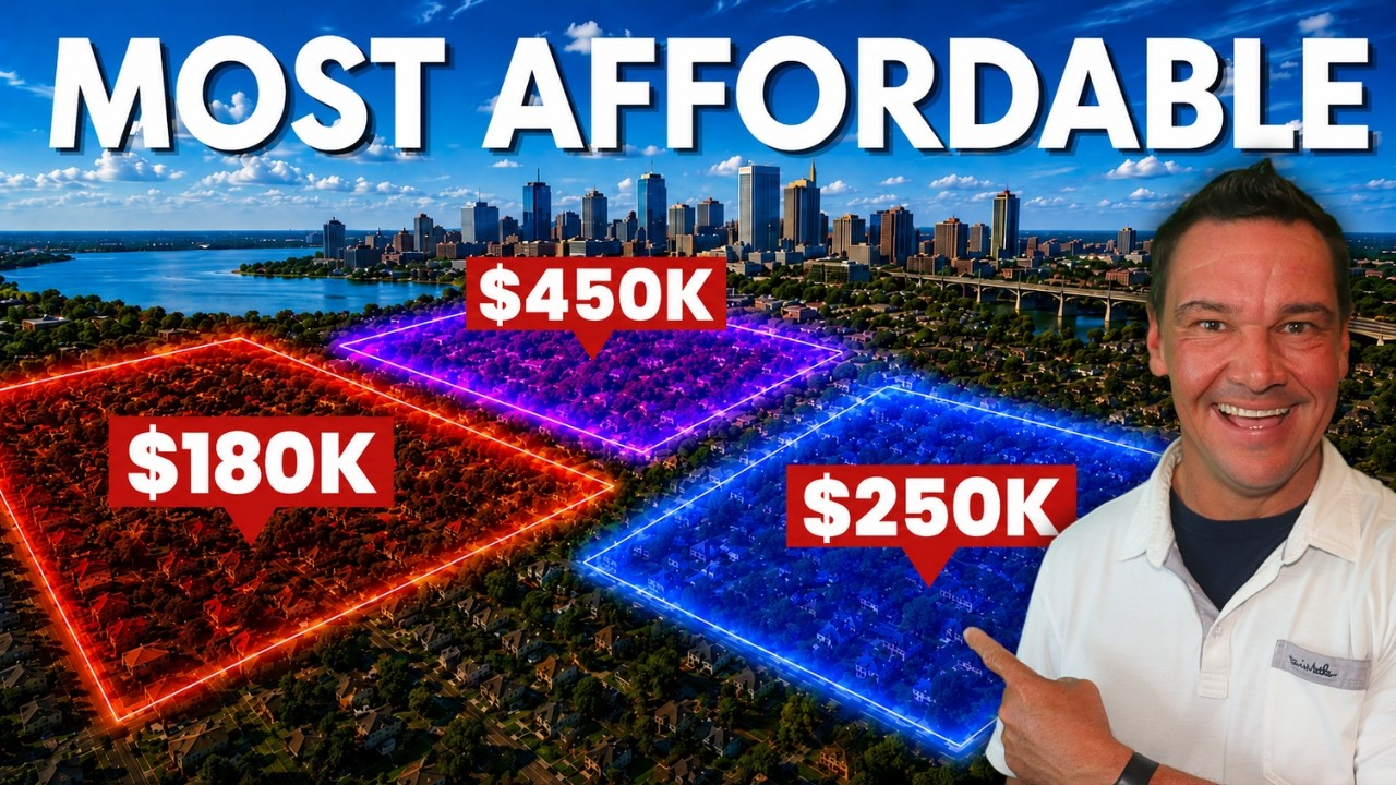 “Most Affordable” over a city skyline with three price labels and a man pointing at the $250K area