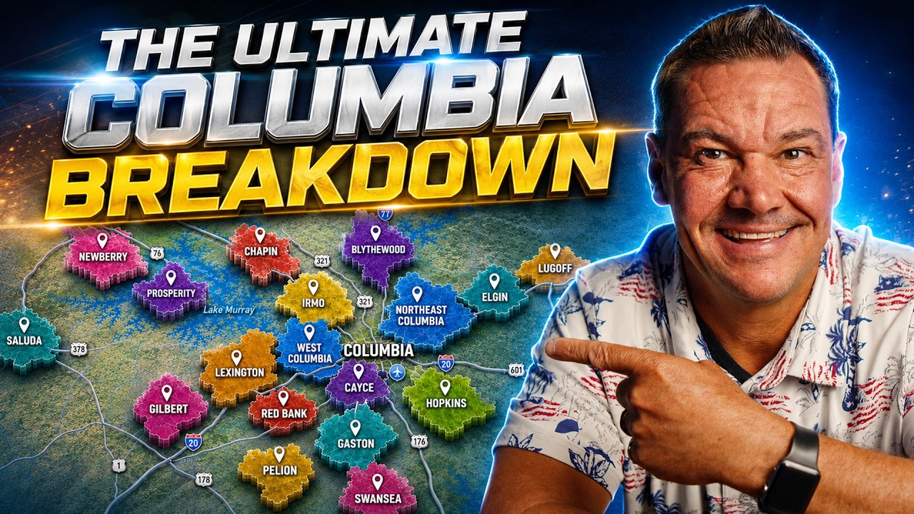 Colombia map graphic with colorful markers and a smiling man pointing, titled “The Ultimate Colombia Breakdown”
