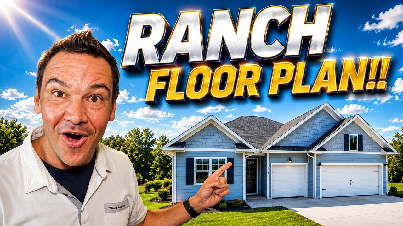 Man pointing at a blue ranch-style house with bold text reading “RANCH FLOOR PLAN!!”