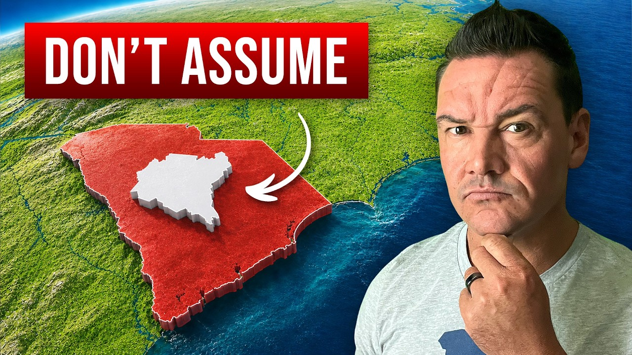 Red map shape with white island and “DON’T ASSUME” text beside a man on a blue background