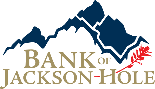 Logo for Bank of Jackson Hole featuring a blue mountain silhouette above text with a red decorative leaf element.