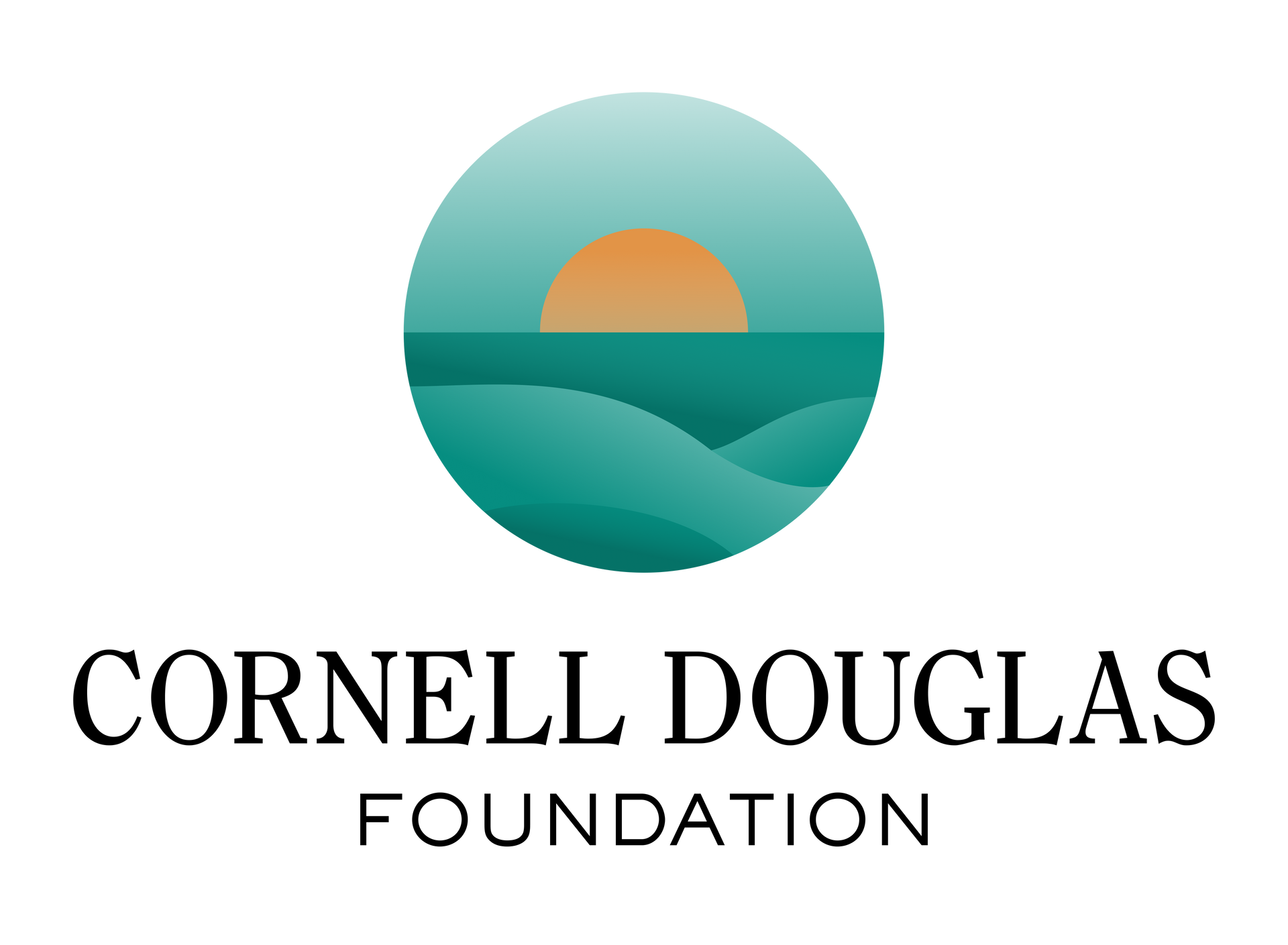 Logo for the Cornell Douglas Foundation, featuring an orange sunrise over green rolling hills inside a teal circle.