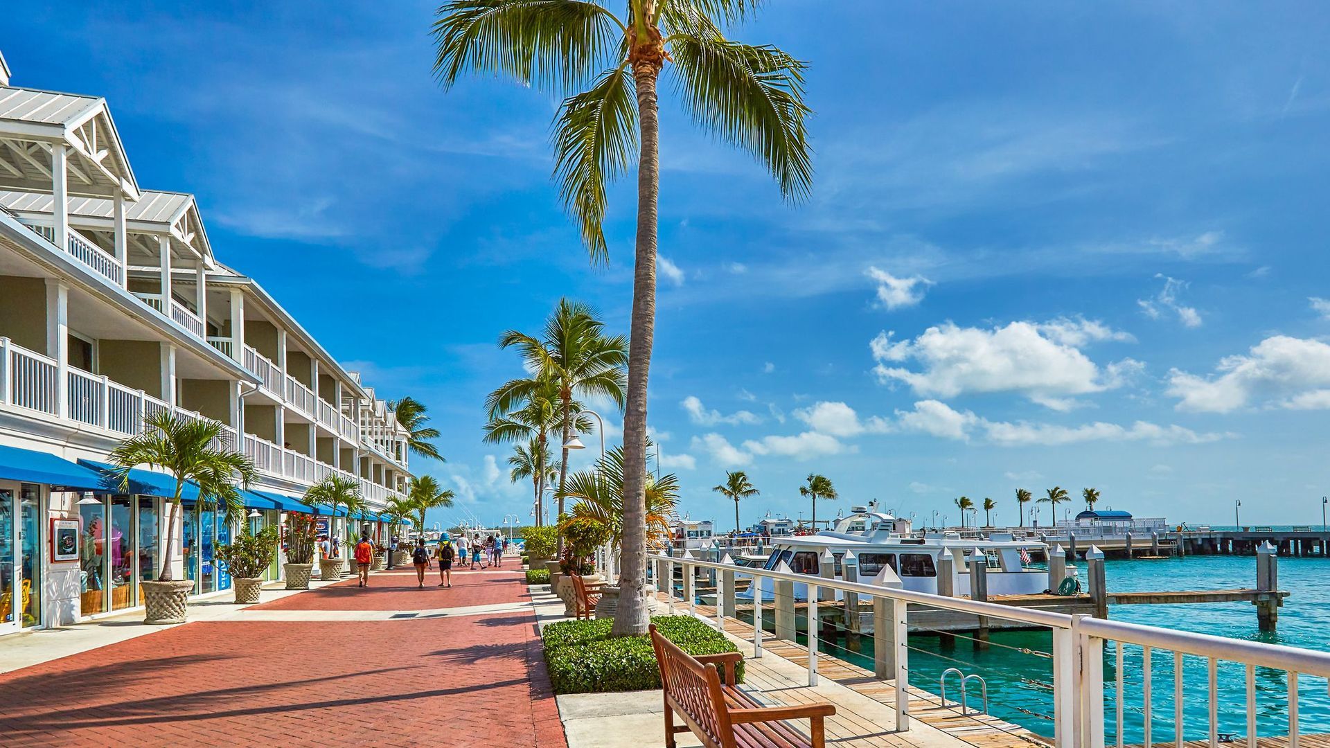 A sunny boardwalk with a multi-story building, palm trees, a wooden bench, and a harbor with boats on a bright day.