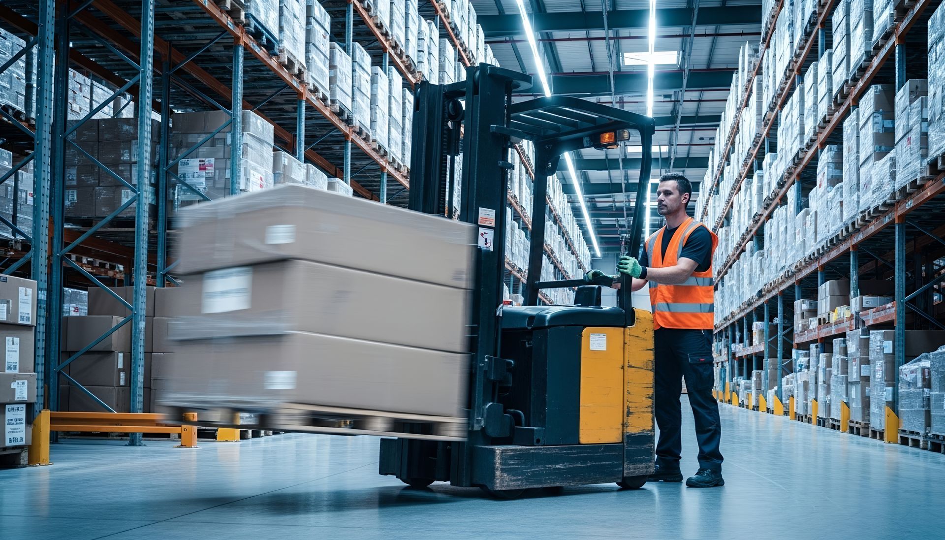 Man operating a forklift in a warehouse, moving boxes on a pallet.