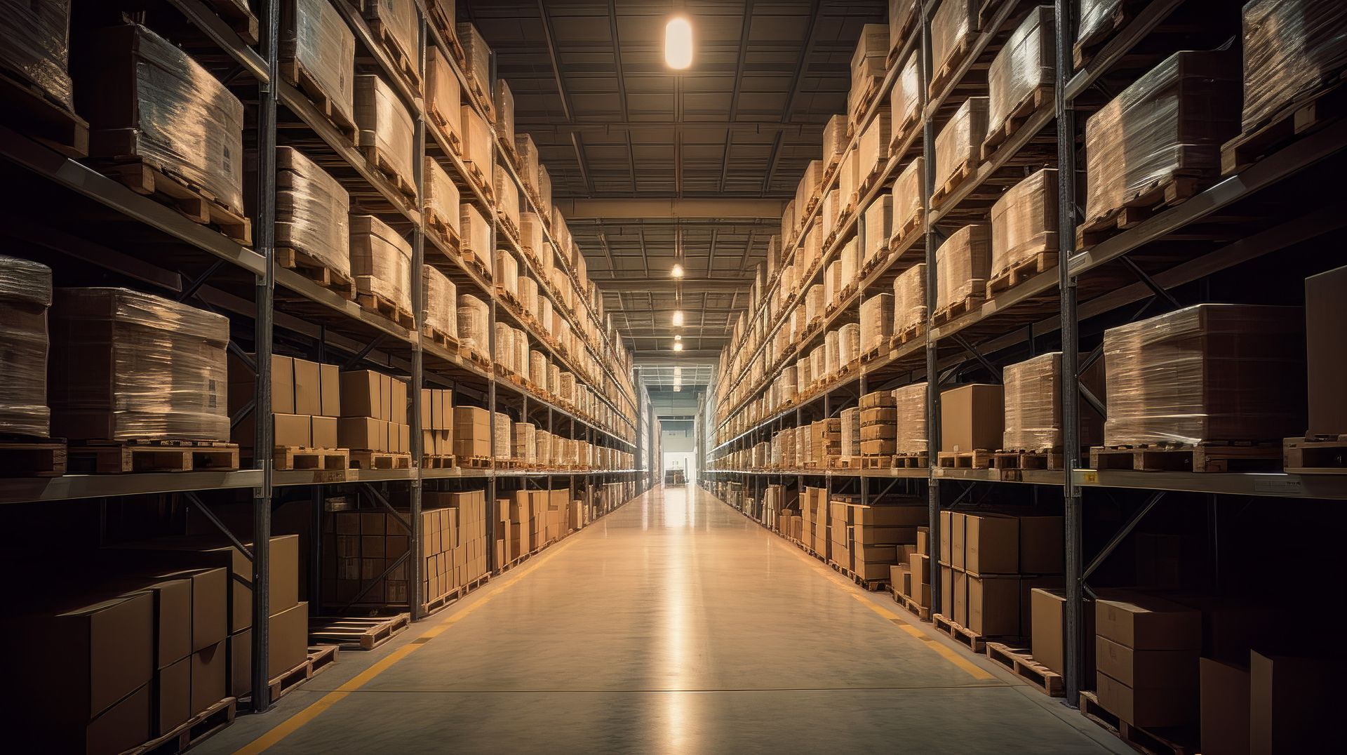 Rows of cardboard boxes fill warehouse shelves, lit by overhead lights. Rows of cardboard boxes fill warehouse shelves, lit by overhead lights.