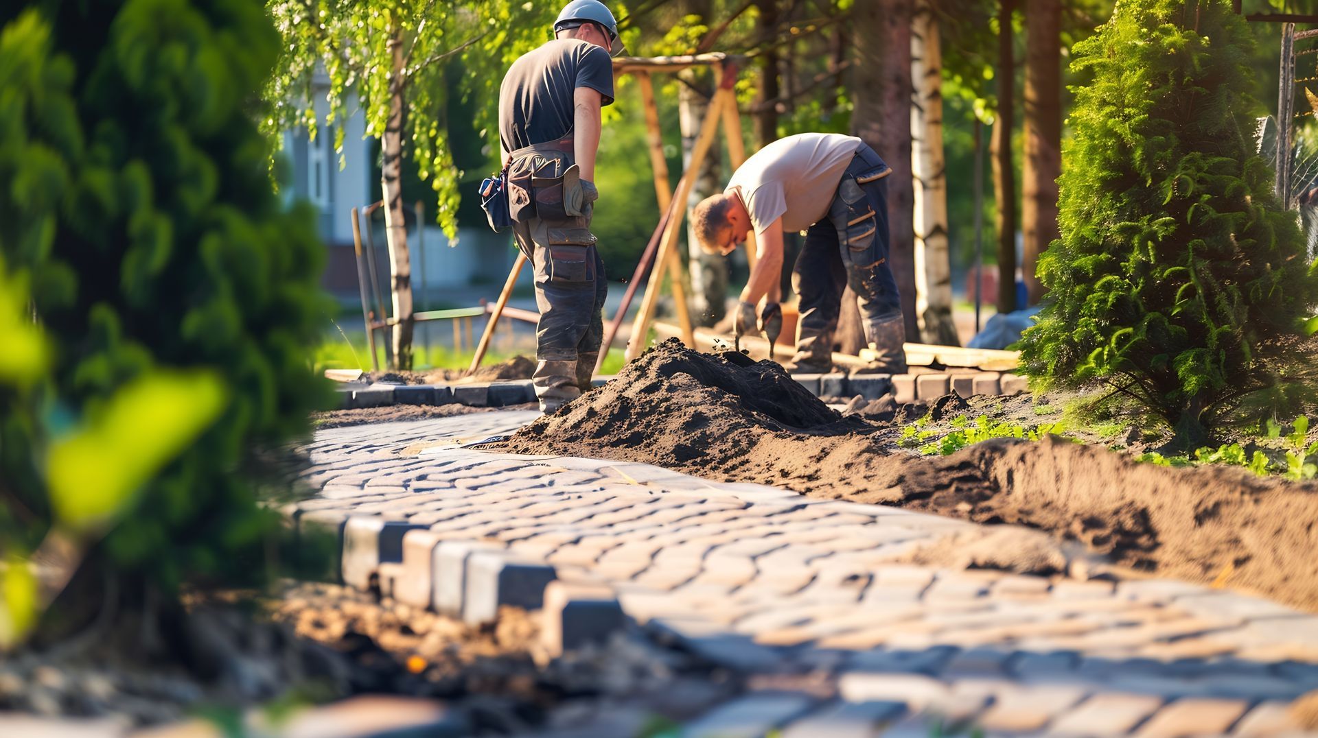 Two workers laying brick pathway in a garden setting, surrounded by trees and greenery.
