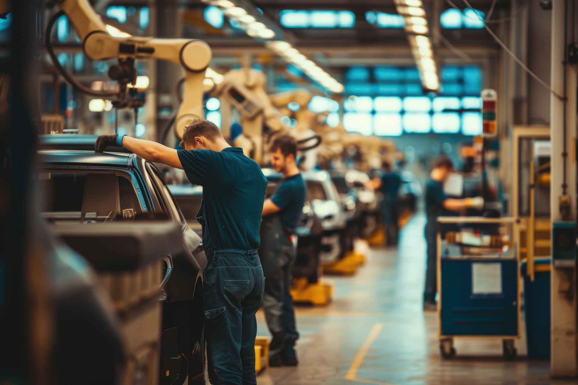 Workers in a car factory, assembling vehicles with robotic arms. Workers in a car factory, assembling vehicles with robotic arms.
