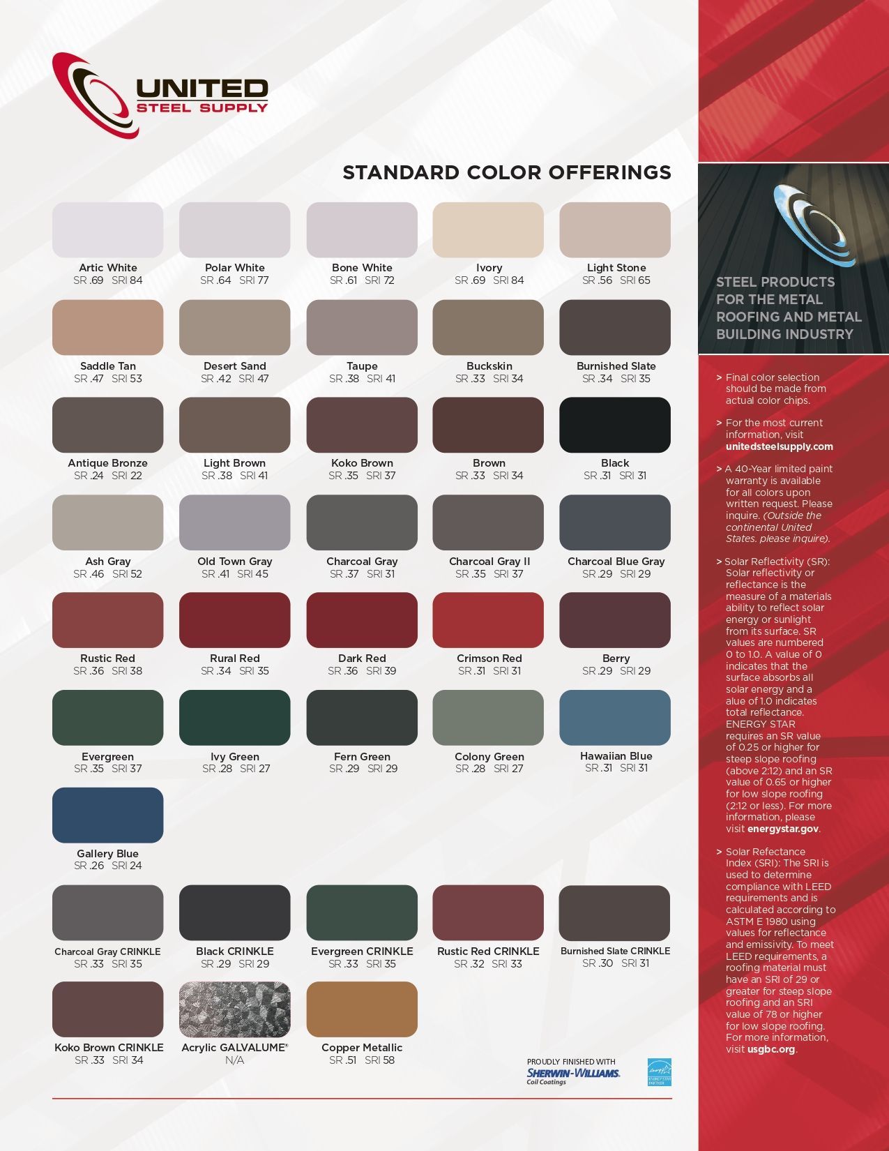 Color swatches for United Exterior Systems products.