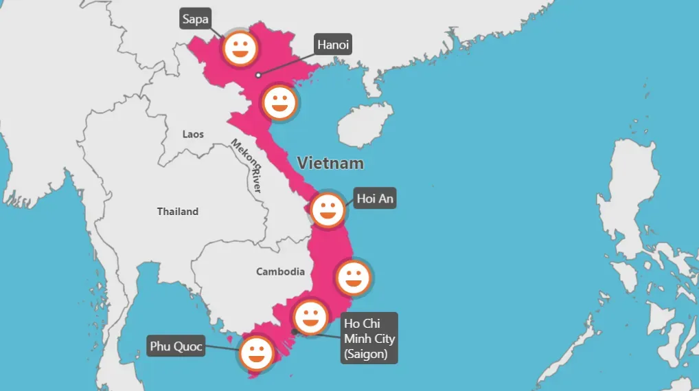 A map of vietnam with smiley faces on it