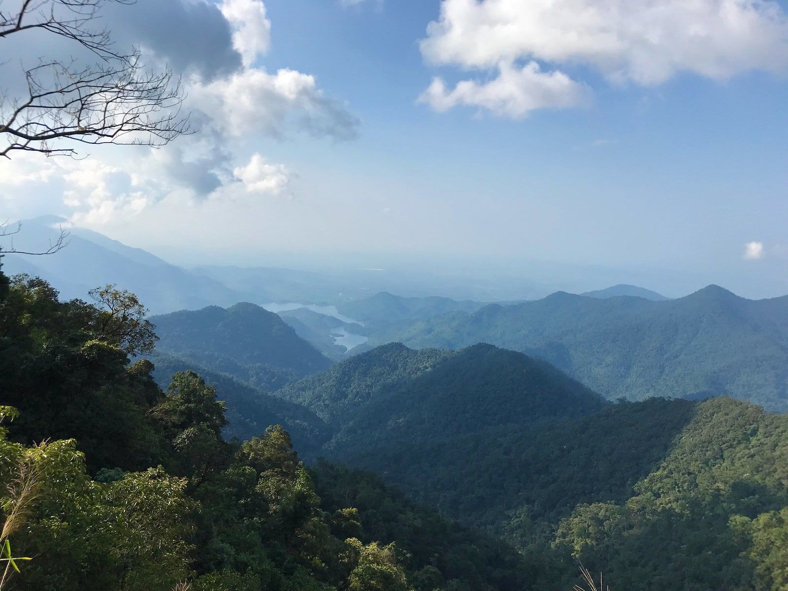 A view of a mountain range with trees and clouds in the sky