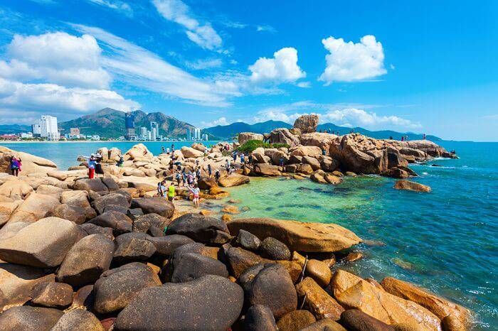 Hon Chong Beach with famous rock structure in Nha Trang