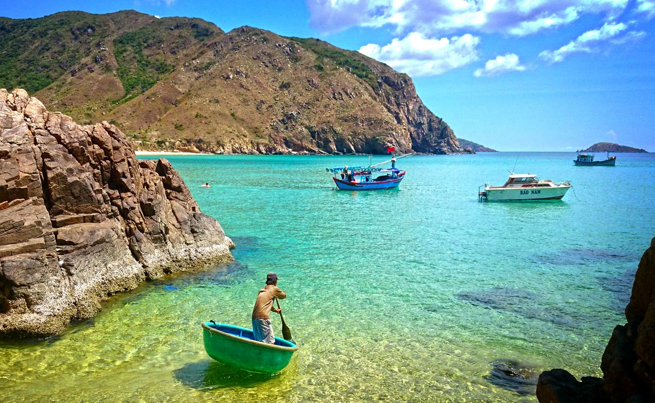 Ky Co Beach near Quy Nhon with blue sea and limestone backdrop