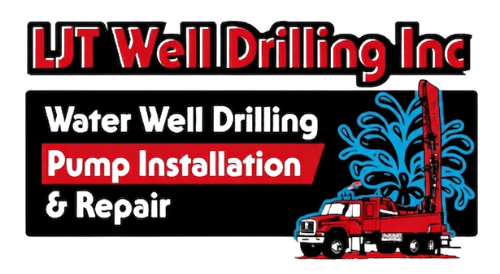 LJT Well Drilling Inc. logo: red truck drilling, black background, white text.