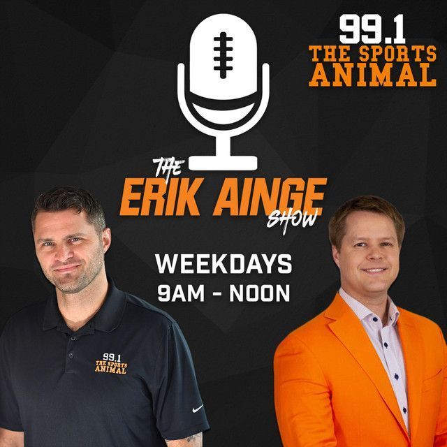 99.1 The Sports Animal promo for The Erik Ainge Show, weekdays 9am-noon, with two hosts on a black background